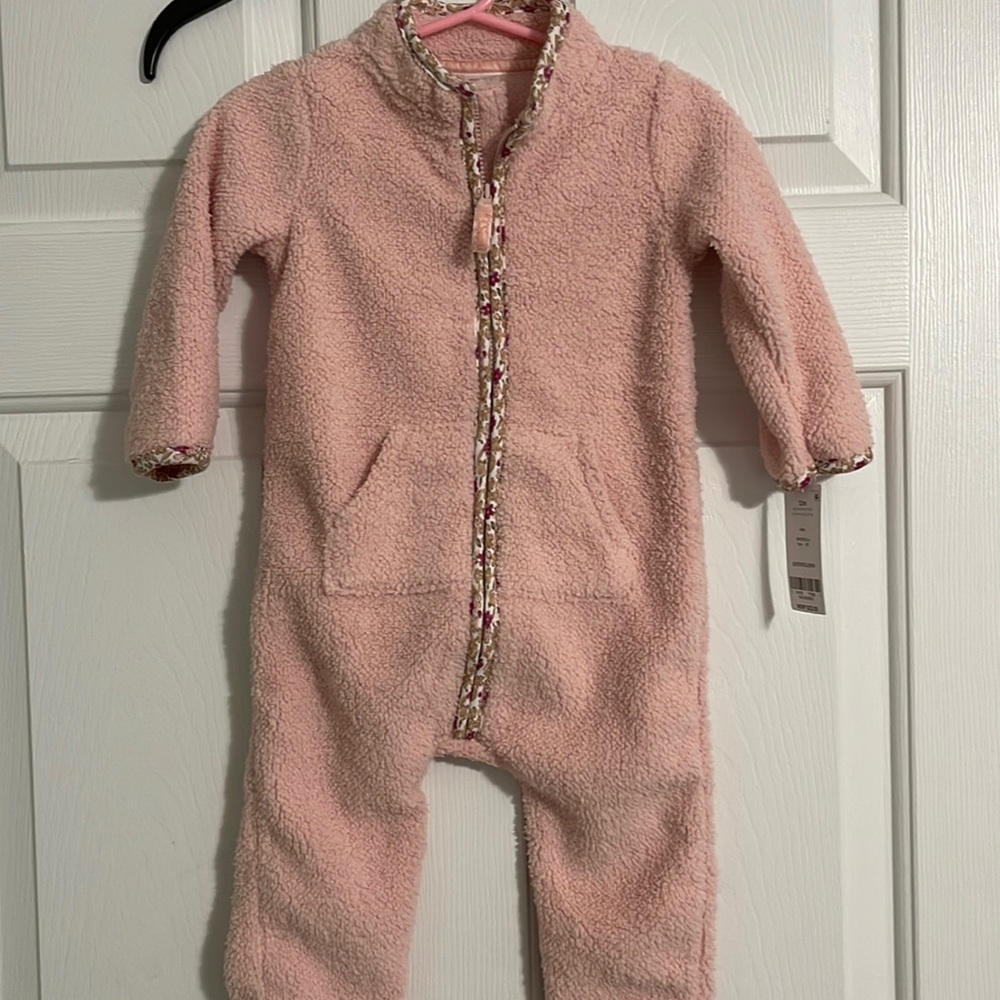 Carter’s Pink Zip-Up Sherpa Jumpsuit with floral trim